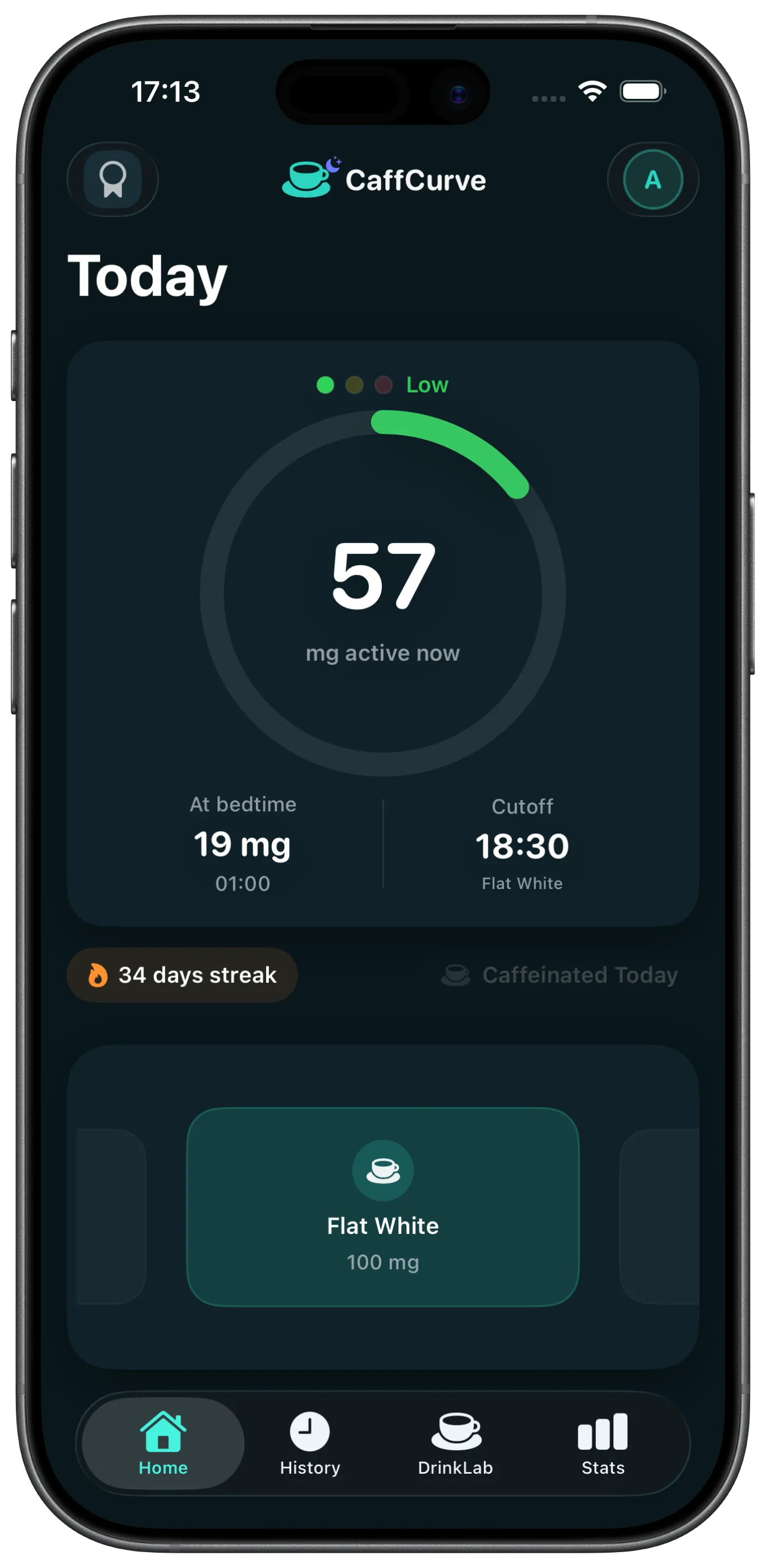 CaffCurve home screen showing the caffeine currently active, the bedtime projection and the latest drink