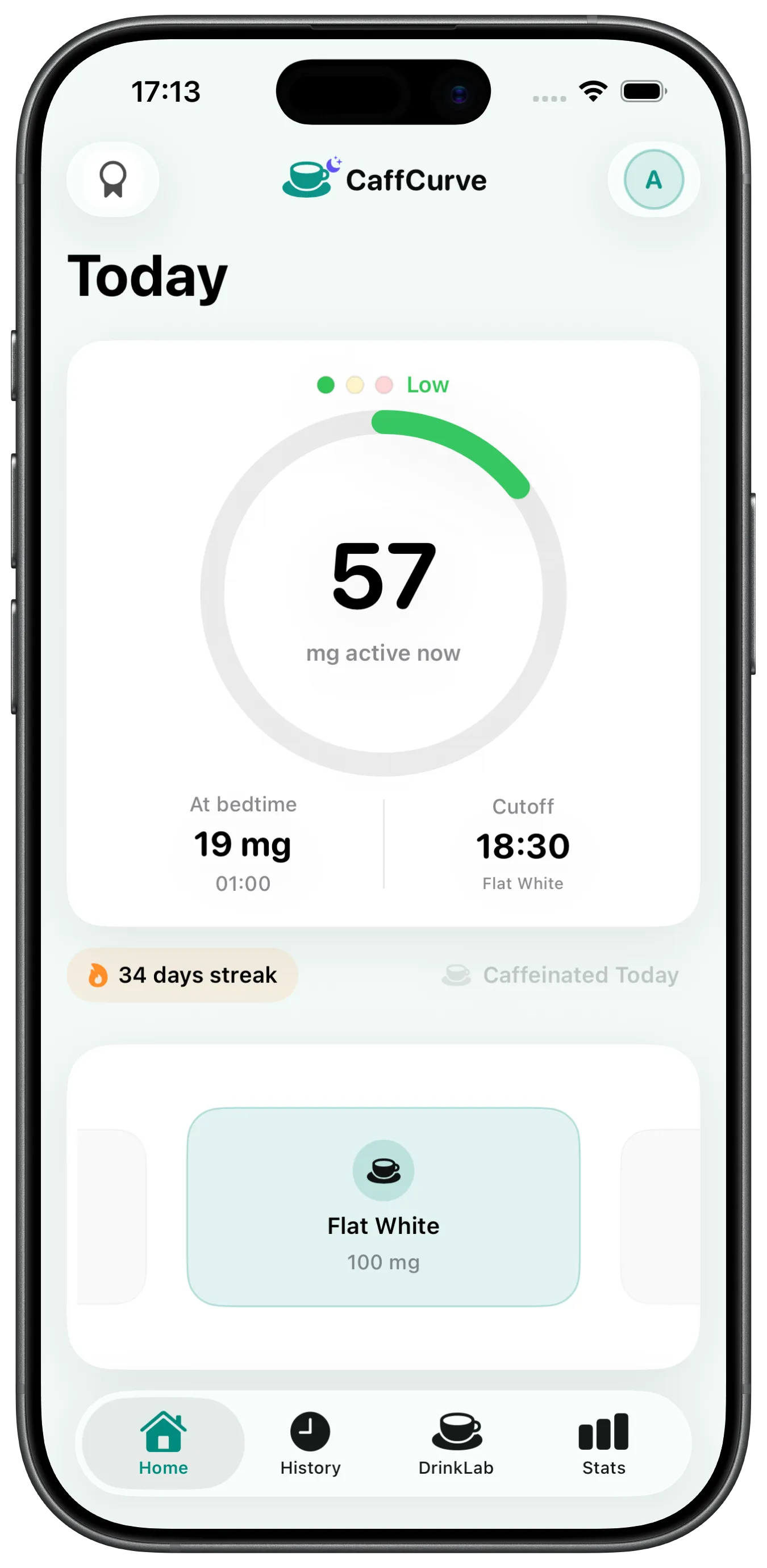 CaffCurve home screen showing today's caffeine